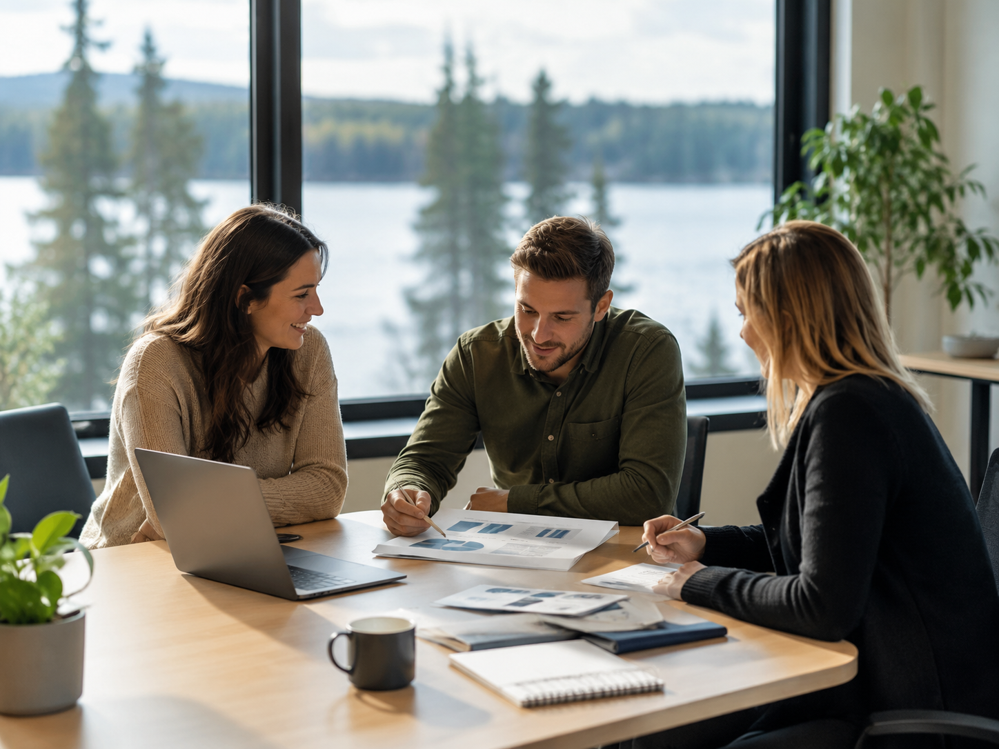 RiverBend team members working together in a professional setting with a northern lake and forest view