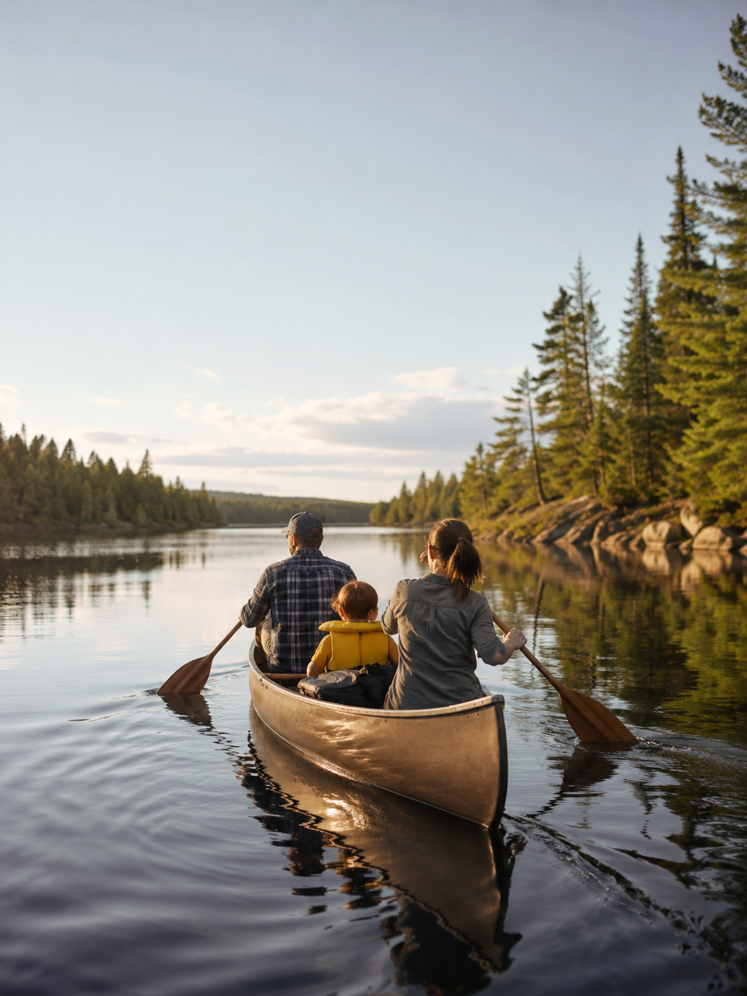 People in a canoe on a calm northern lake, reflecting RiverBend's focus on sustainable work and life balance