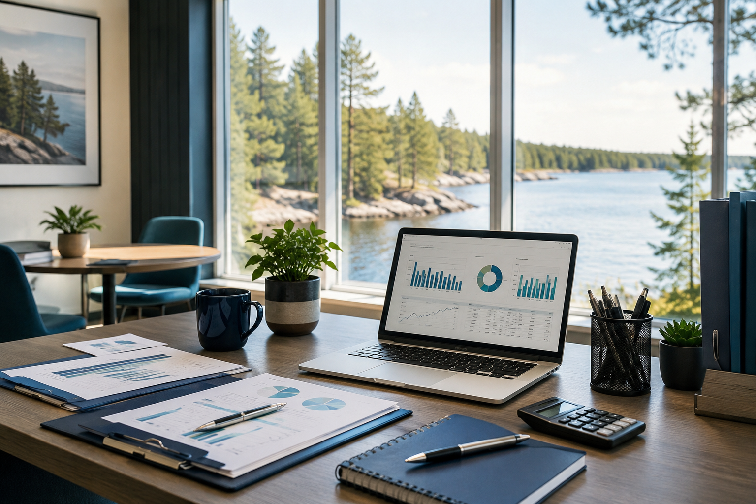 Collaborative financial administration meeting with reports, laptop, and planning documents